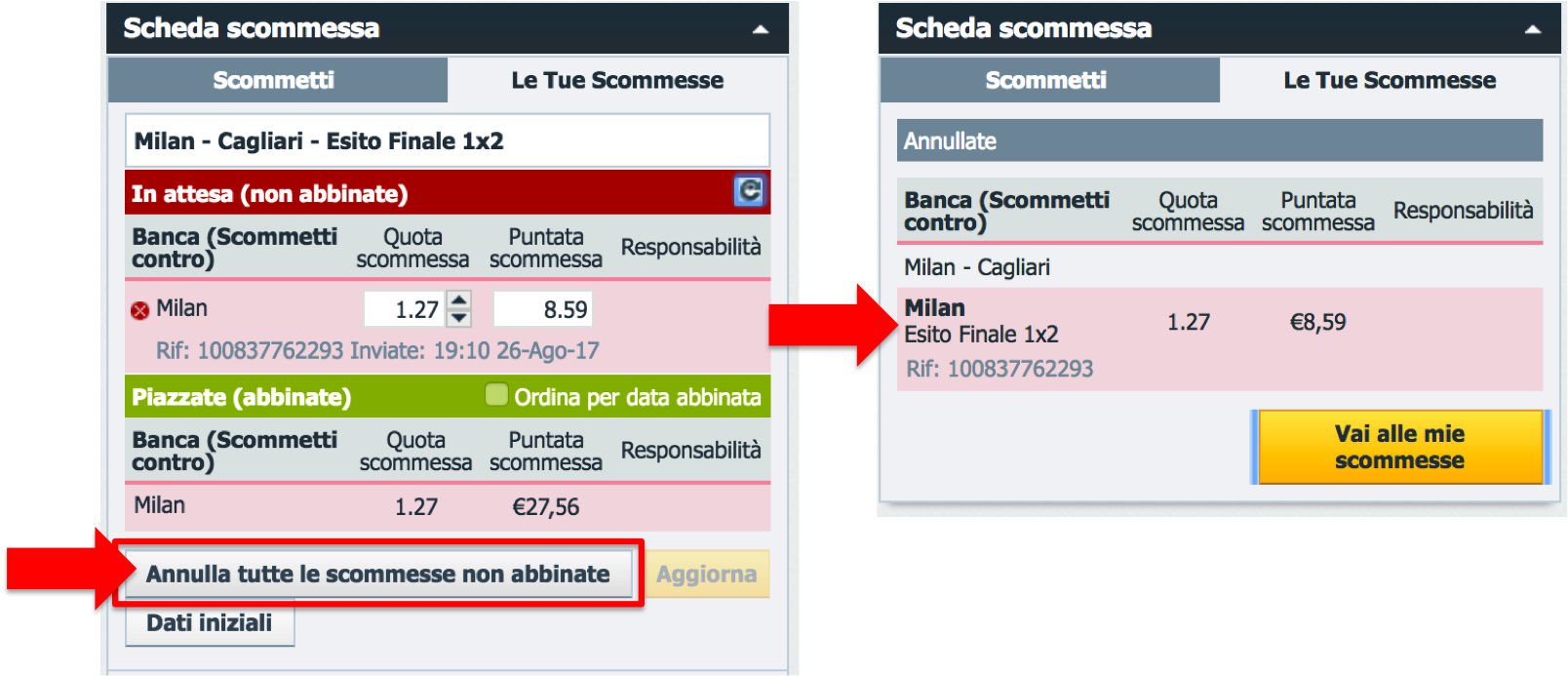 annulla tutte le bancate non abbinate